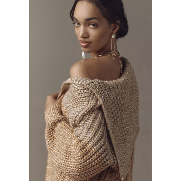 Anthropologie Maeve Oversized Collar Cardigan Sweater M Gold Shimmer Holiday NWT - Picture 11 of 16